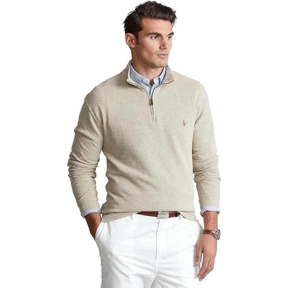Polo Ralph Lauren Quarter-Zip Men's XL Beige Estate-Rib Pullover Sweater STAIN